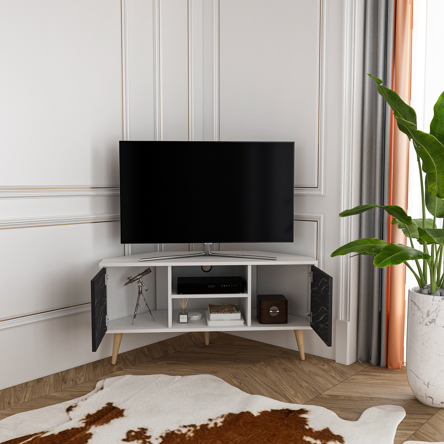 Lesson Corner Tv Unit - White And Black Marble Effect
