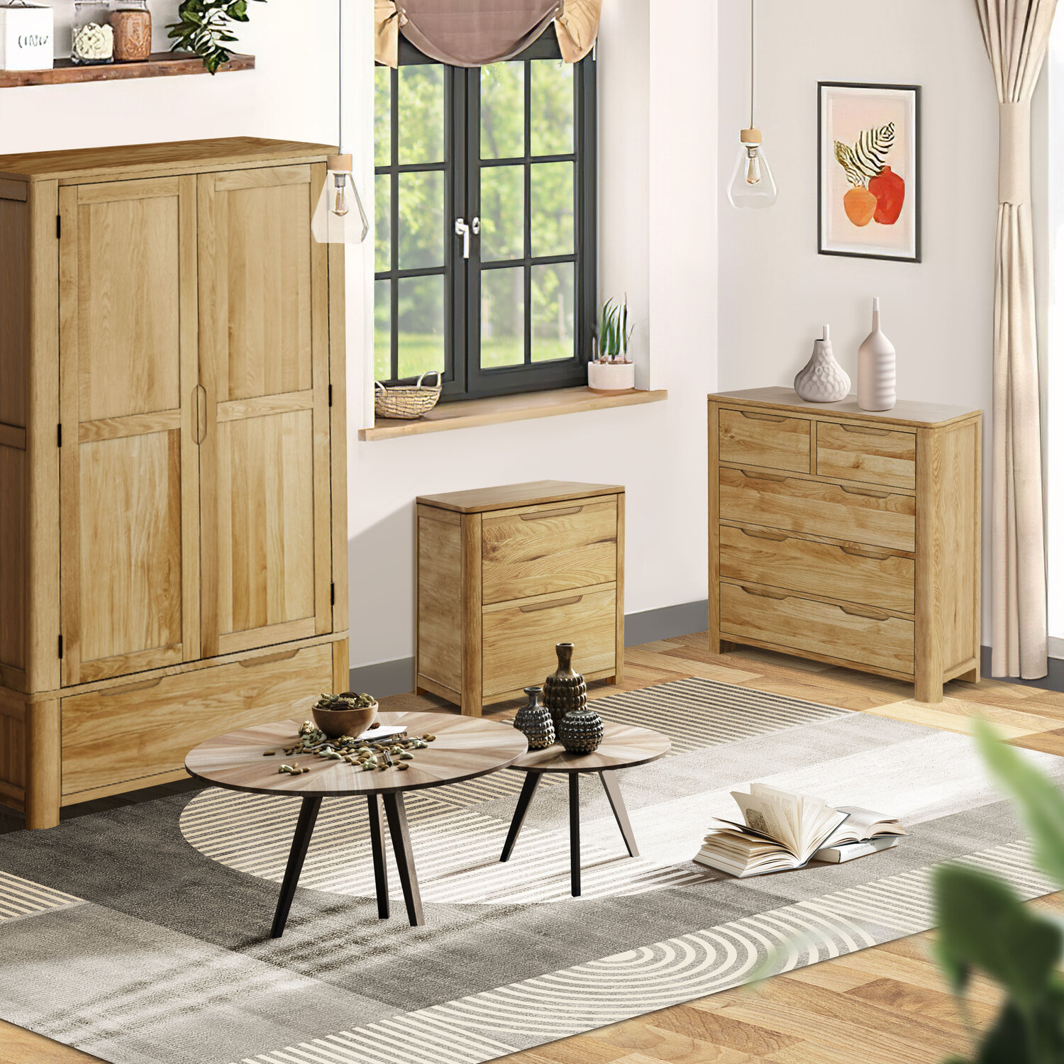 Oak Effect Bedroom Furniture Trio Set - Oak