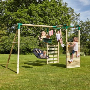 Wooden Double Swing Set with Climbing Wall and Monkey Bars - Luna