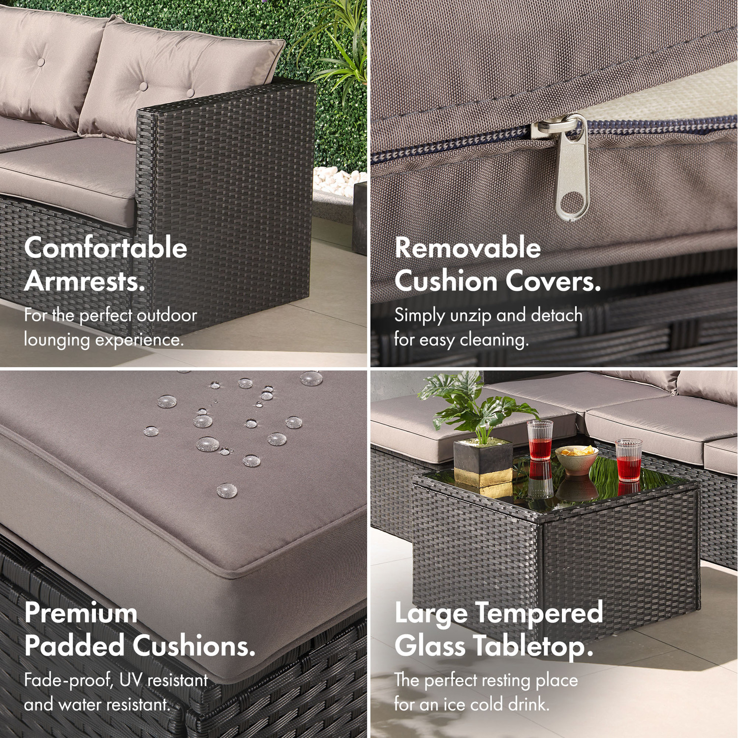 Rattan Corner Sofa Set With Table - Black