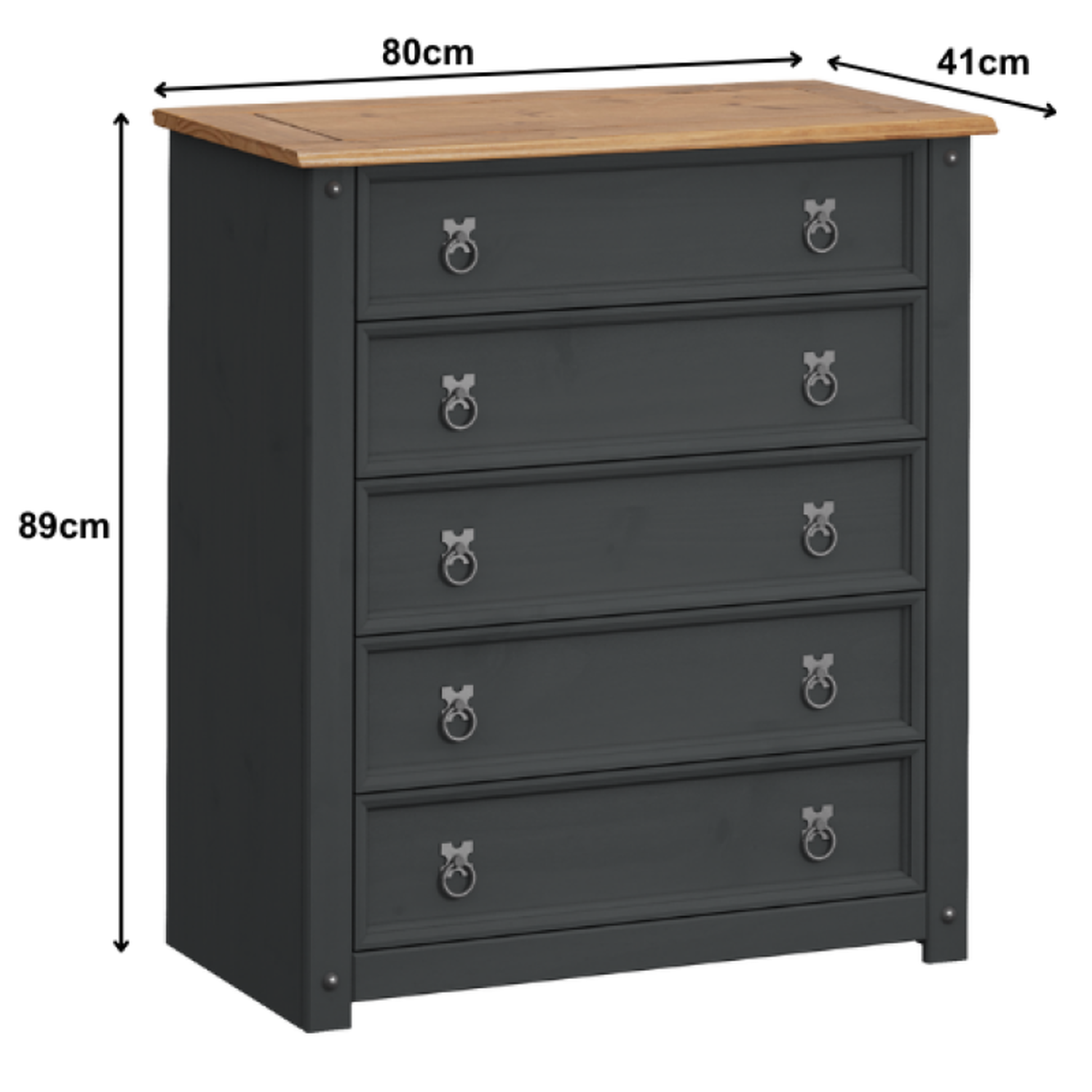 Corona Small 5 Drawer Chest Of Drawers Solid Wood Pine Wooden Bedroom - Distressed Charcoal Wax