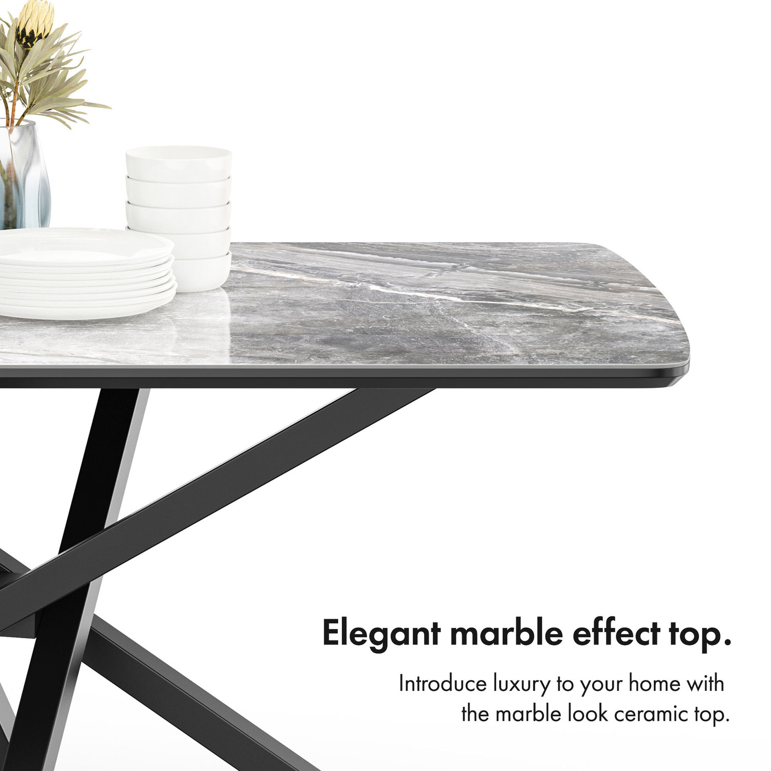 Marble Effect Dining Table With 6 Cord Effect Dining Chairs - Black Charcoal Blue