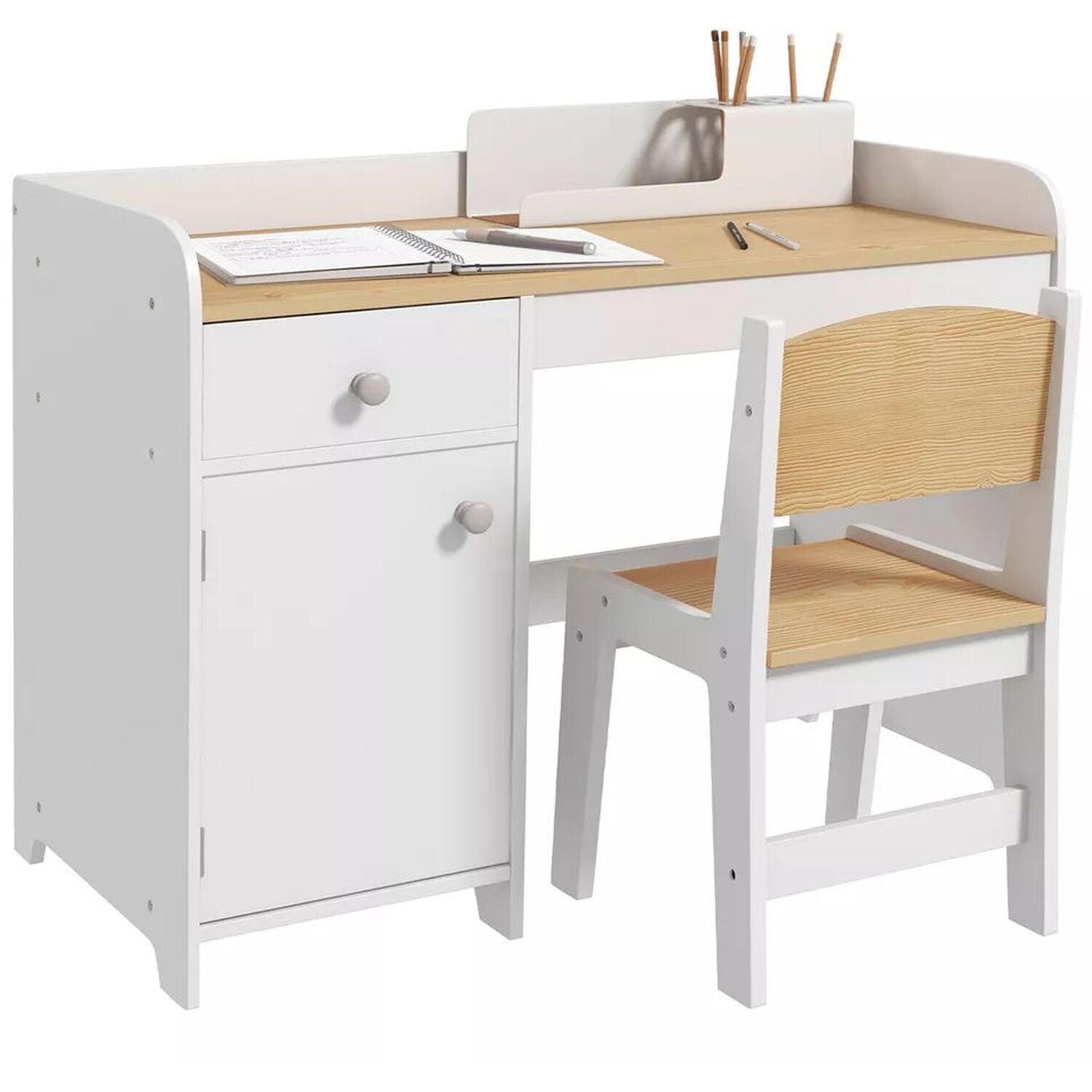 Kids Wooden Desk And Chair - Natural And White