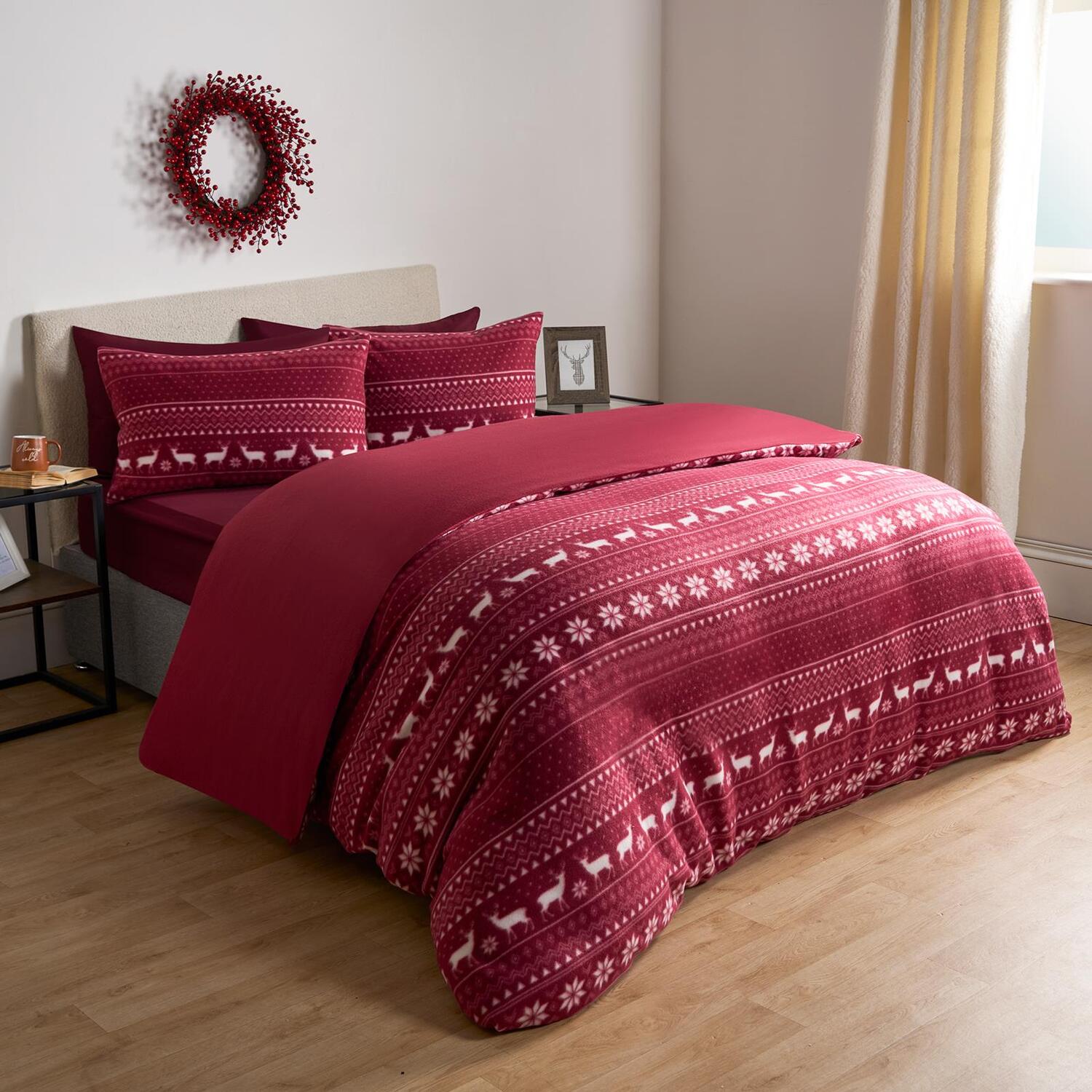 Nordic Christmas Fleece Duvet Set - Burgundy Double