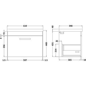 1 Drawer Wall Hung Vanity Basin Unit Gloss Grey Black D Handle 600mm