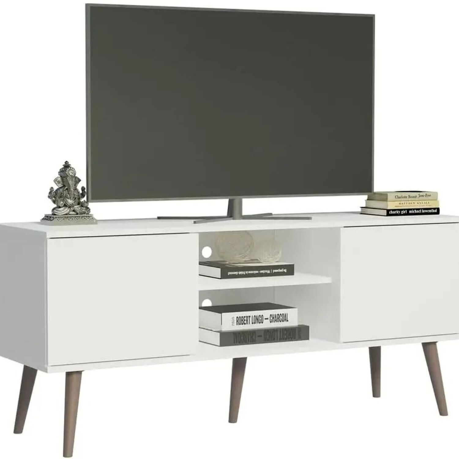 136cm Tv Stand Console With 2 Doors And 2 Shelves For 50 To 55 Inch Tvs - White