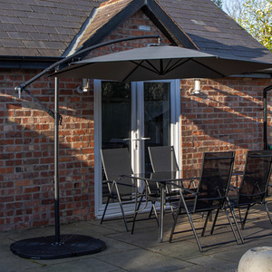 4 Seater Glass Top Table Chairs With Grey Banana Parasol and Base
