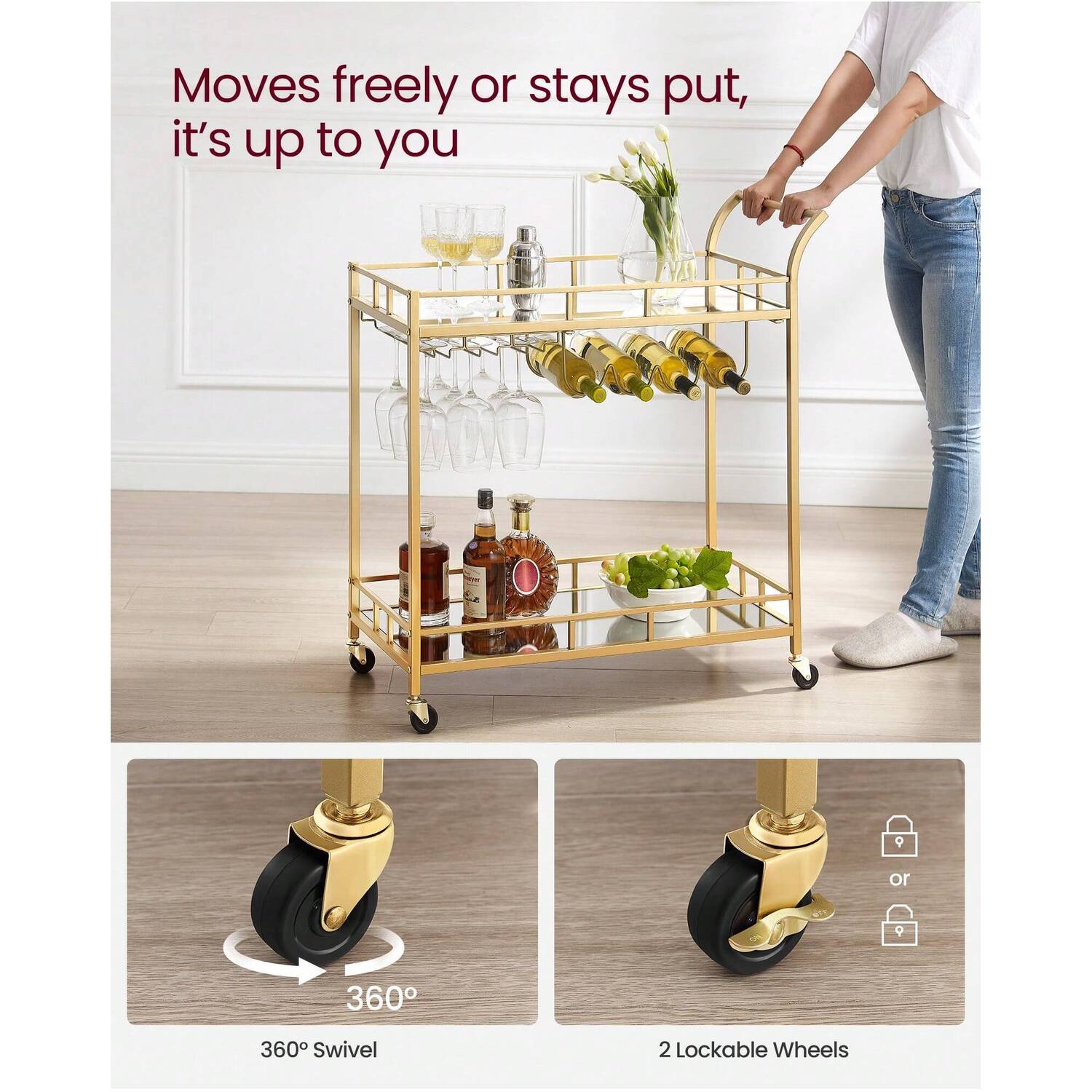 Vasagle Drinks Serving Trolley Cart With Mirrored Shelves - Gold