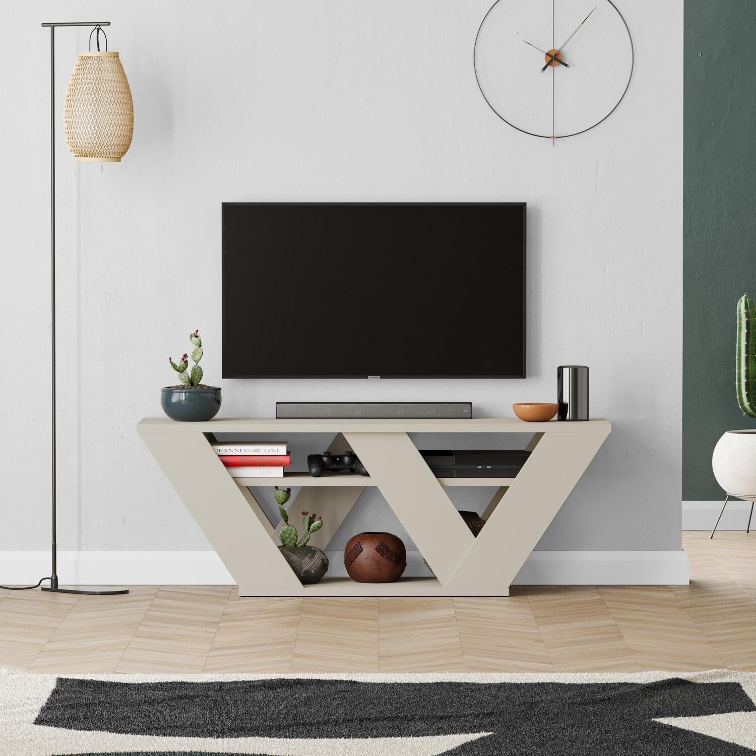Pipralla Modern TV Stand Multimedia Centre With Shelves - Sandstone