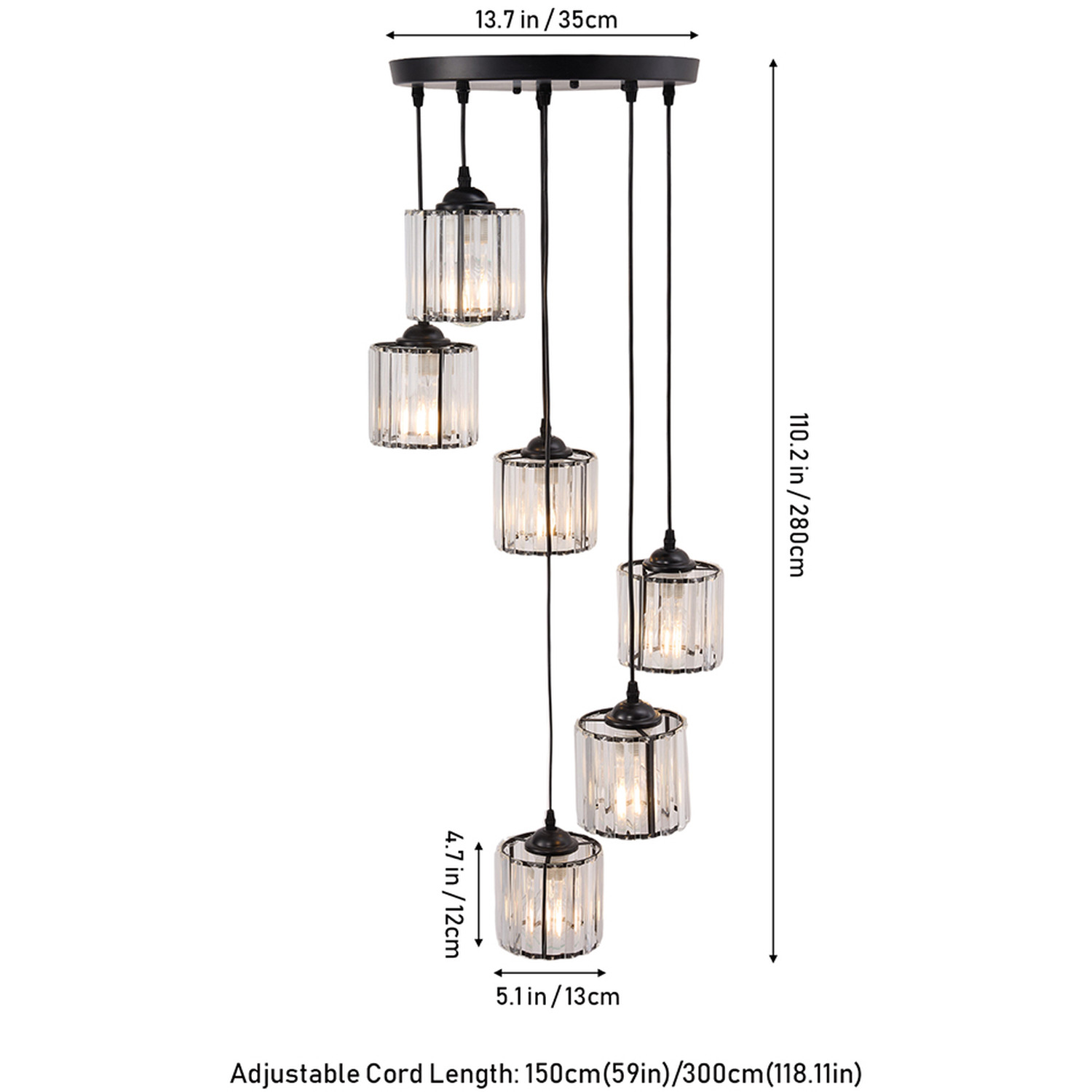Livingandhome 6-light Cylinder Lampshade Crystal Chandelier - Black