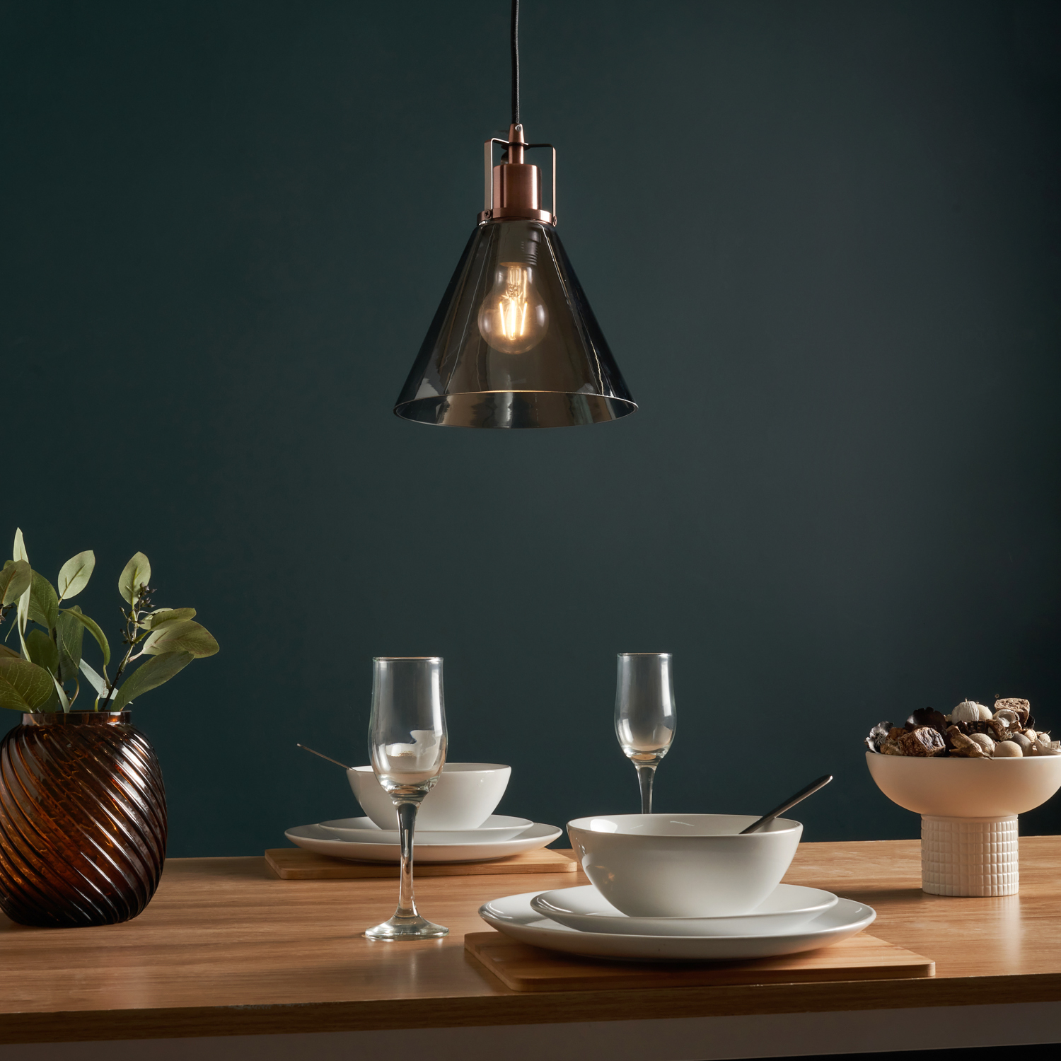 Clara Pendant Ceiling Light With Smoke Shade - Copper