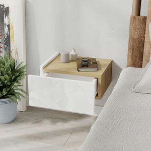 White, Oak Wall Bedside Table with Drawer Handleless Nightstand shot 10683976