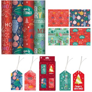 4x 4M Contemporary Christmas Wrapping Paper Rolls Plus 16 Gift Tags