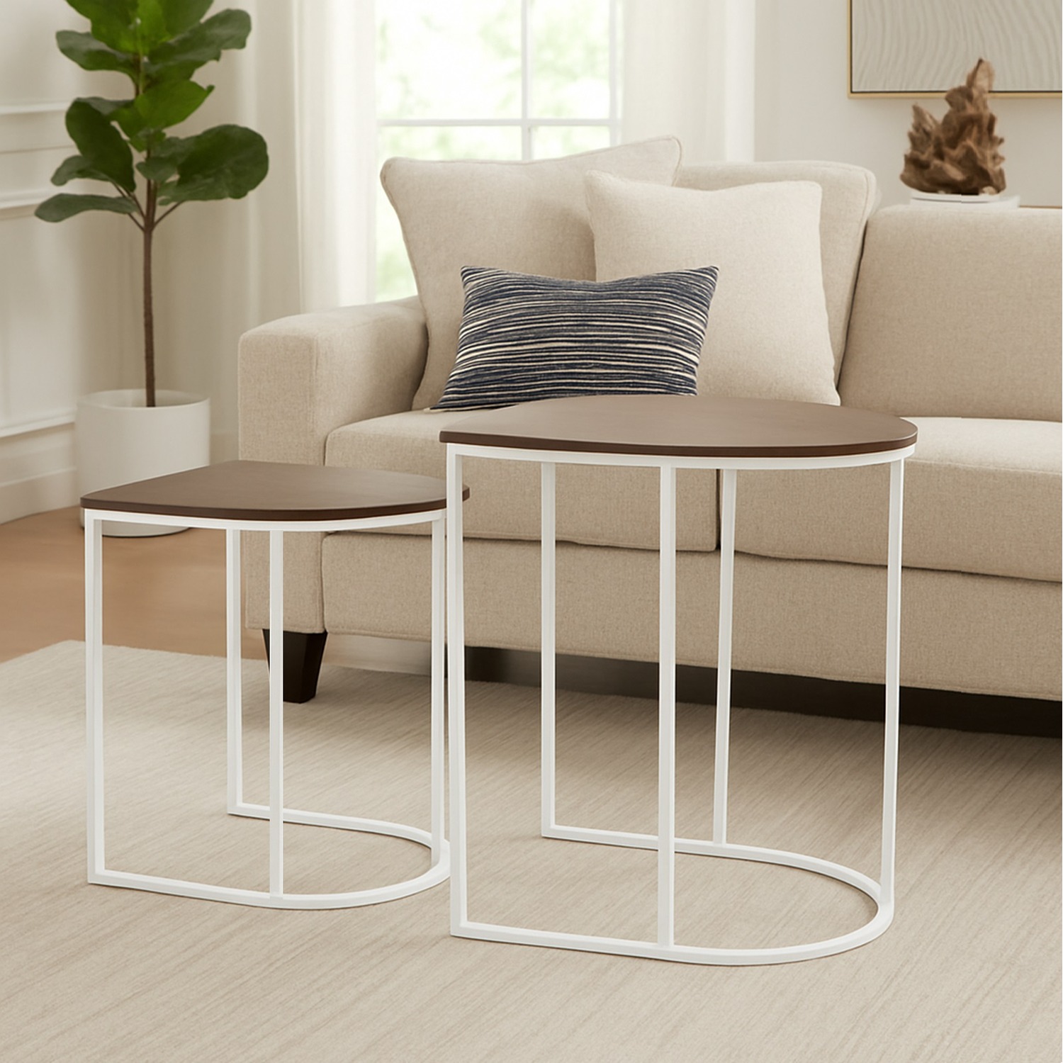 Nest Of 2 Coffee White Metal Wood Woodgrain Side Tables Set - White Brown