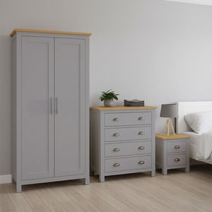 Bedroom Furniture Set Wooden Pine Top Grey White Wardrobe Drawers Bedside Table