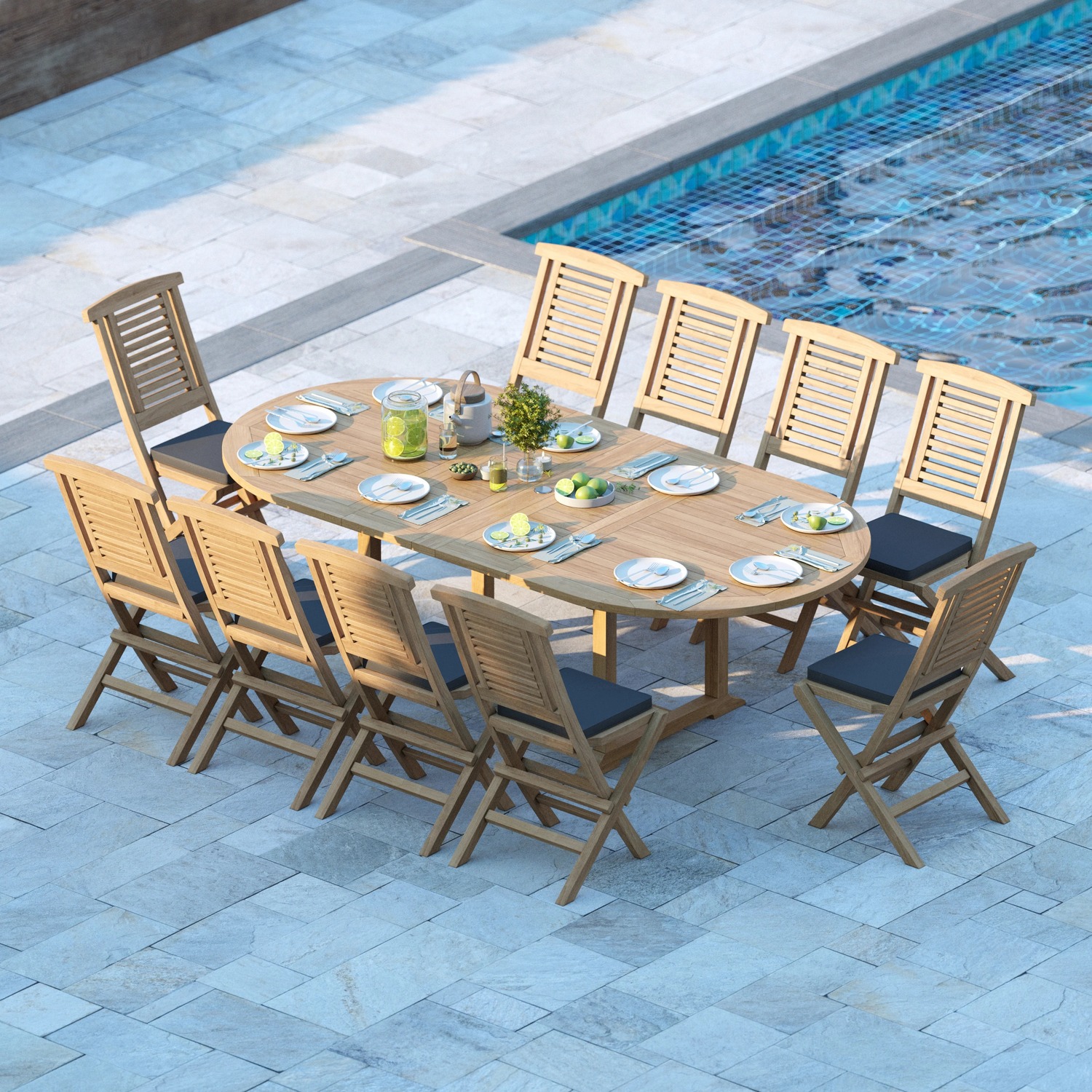 Marseille Teak Garden Dining Table And 8 Seat Chair Set - Teak Table 8 Chairs Black Cushions