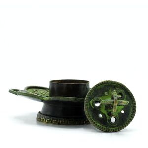 Brass Verdigris Tibetan Cone  Incense Holder Eight Symbols