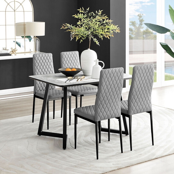 Carson White Marble Effect Dining Table and 4 Milan Black Leg Chairs
