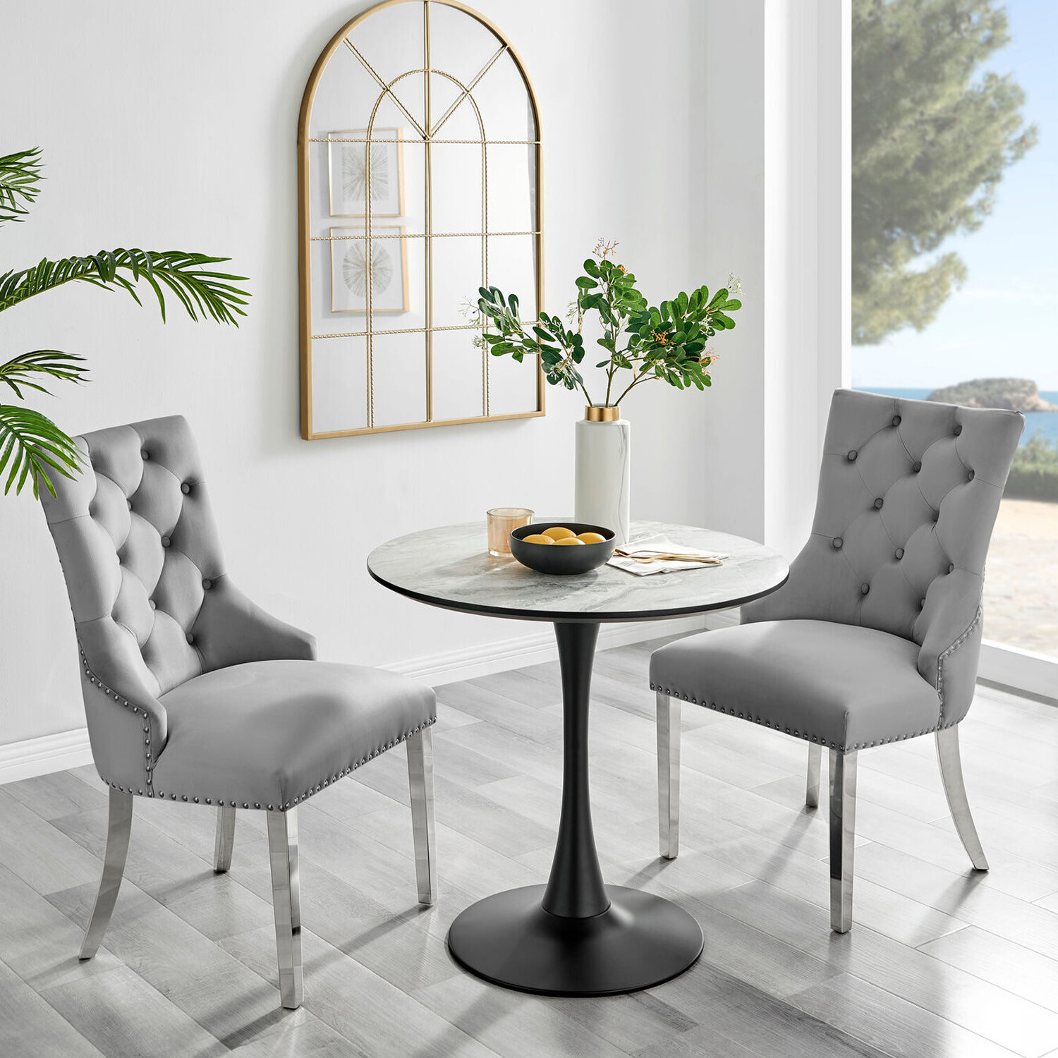 Furnitureboxuk Elina White Marble Effect Round Dining Table And 2 Belgravia Chairs - Grey