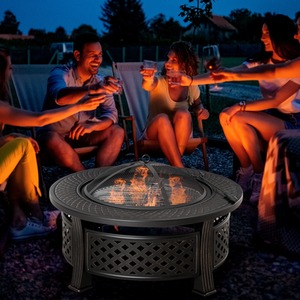 Outsunny Outdoor Fire Pit,Round Firepit with Grill Net