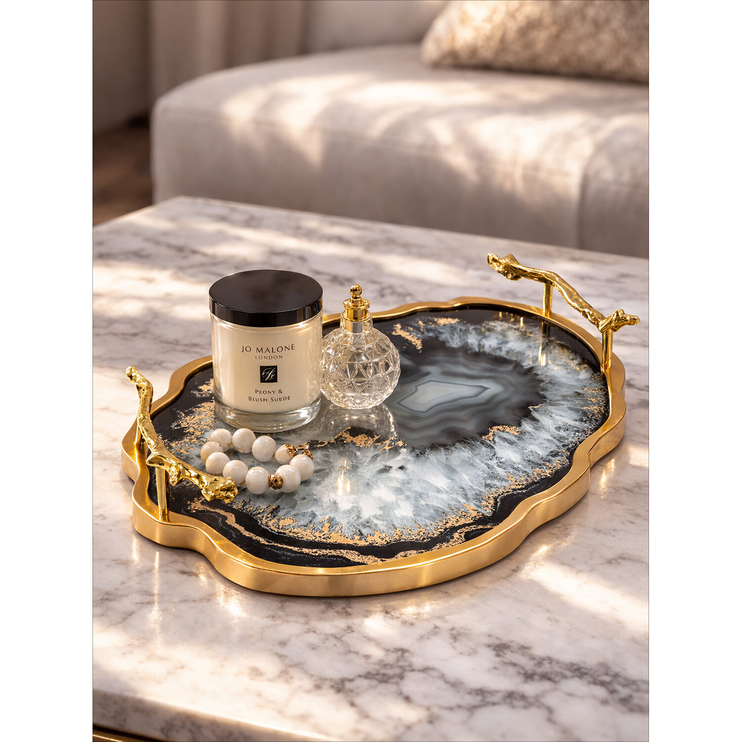 Celina Black And Gold Agate Tray - Gold