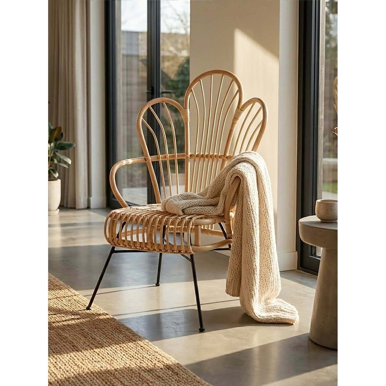 Java Natural Rattan And Black Metal Back Chair - Brown