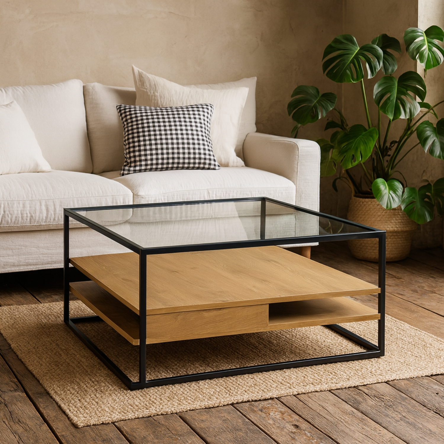Wrenna Square Coffee Table Powder Coated Frame Tempered Glass Top Effect Shelves - Black