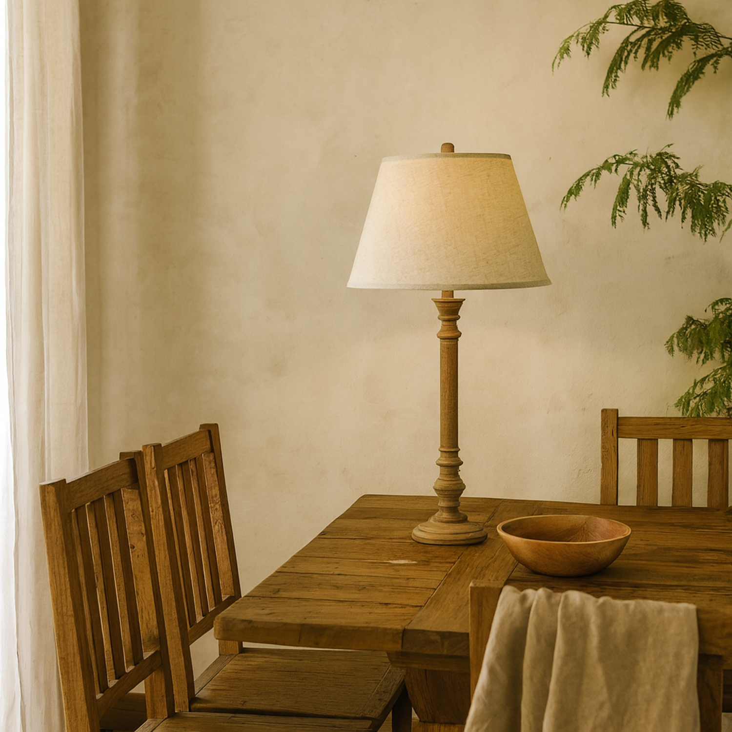 Flavigny Turned Wooden Pillar Table Lamp with Linen Shade - Brown