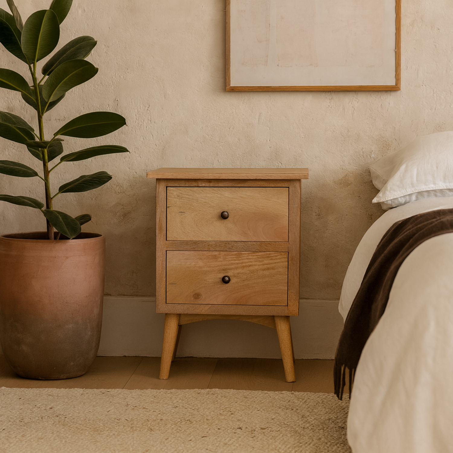 Neive Scandi Mango Wood 2 Drawer Bedside - Brown