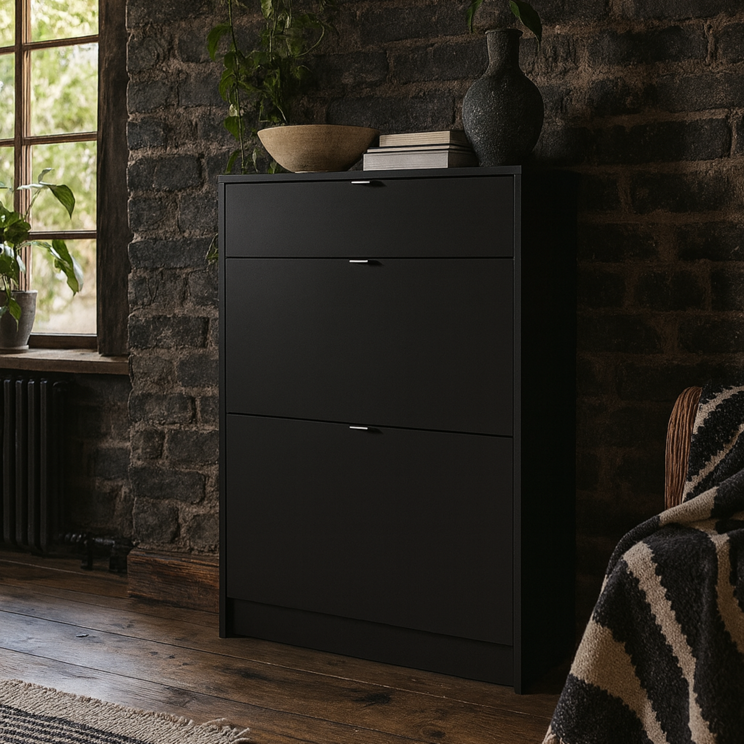 Prague Matt Shoe Cabinet 2 Flip Down Doors 1 Drawer - Black