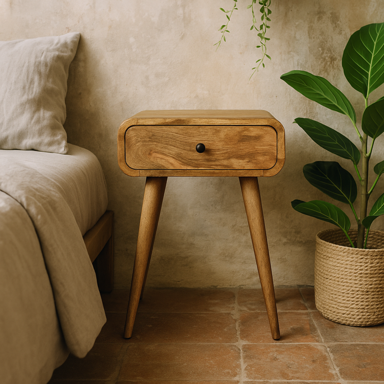 Taormina Mango Wood Bedside Table Natural Finish 1 Drawer - Brown