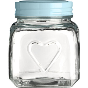 Embossed Heart 900ml Glass Jar with Aqua Blue Lid.