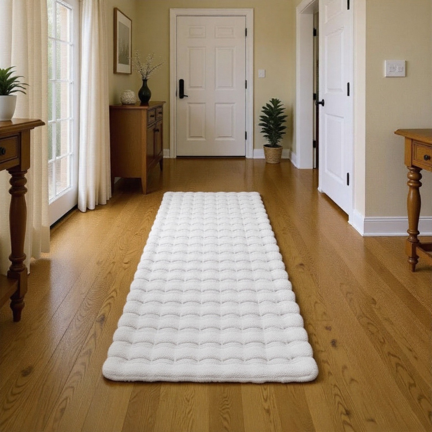 Orbie Washable Low Pile Super Soft Living Room Area Rug Machine Carved Ridge-Furrow Design - Snow White / 60cm / 200cm
