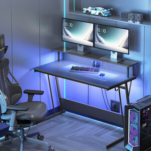 Gaming Desk with LED Lights and Outlets