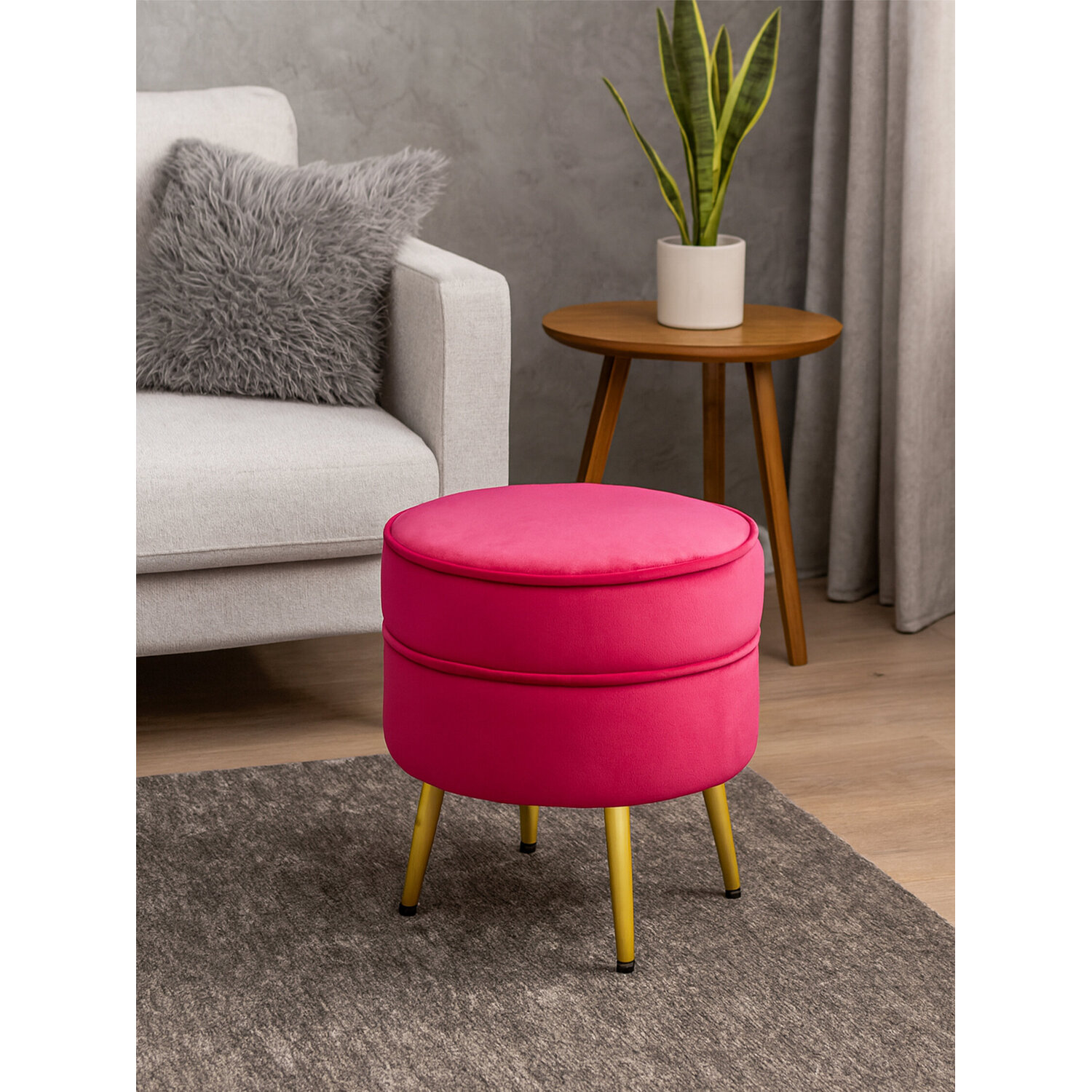 Tamra Round Bright Pink Velvet Gold Leg Footstool - Pink