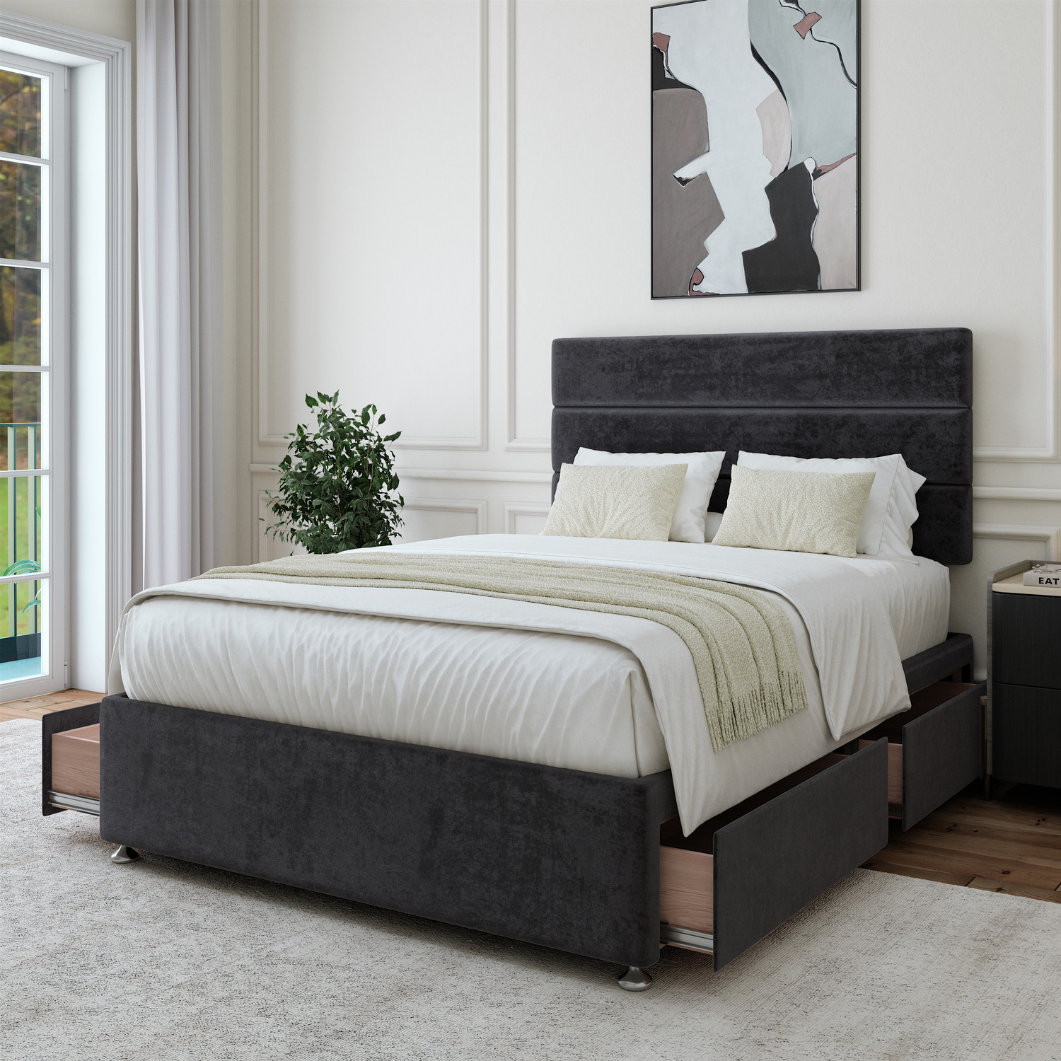 Luxury Velvet Divan Base With Storage And Lined Headboard - Colour Options - Black Superking 60kg