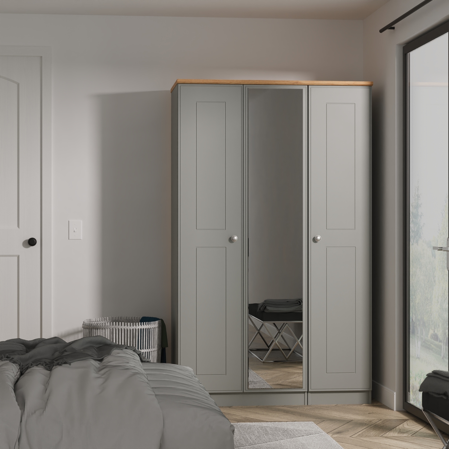 Victoria Ready Assembled Triple Mirror Wardrobe - Dusk Grey Riviera Oak