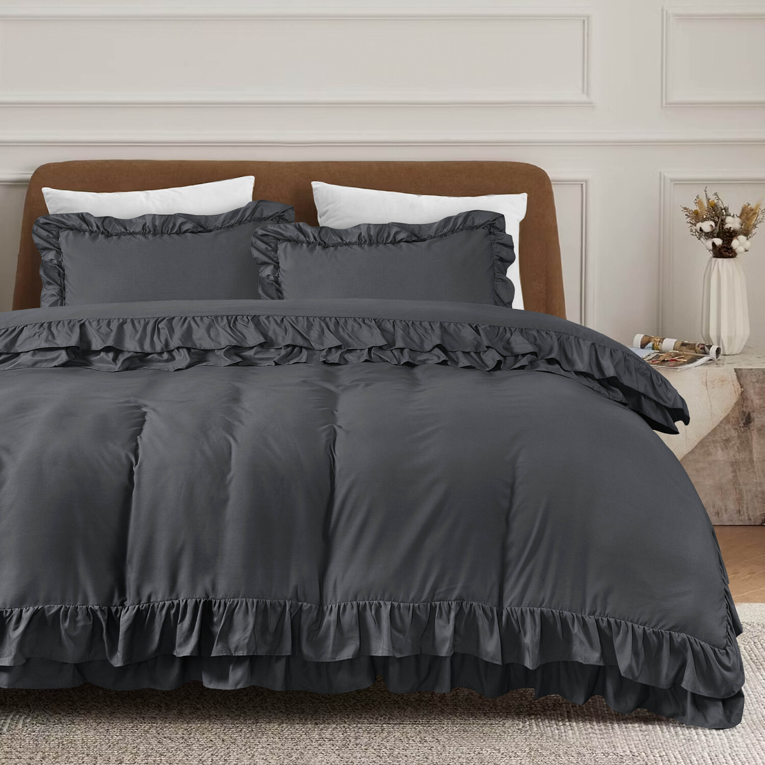 New Ruffled Borders Duvet Cover Set - Charcoal Double