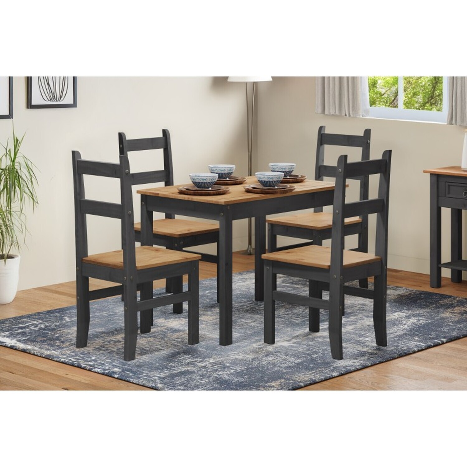 Corona Budget Dining Set Table And 4 Chairs Solid Wood Mexican Pine Wooden Small - Distressed Charcoal Wax