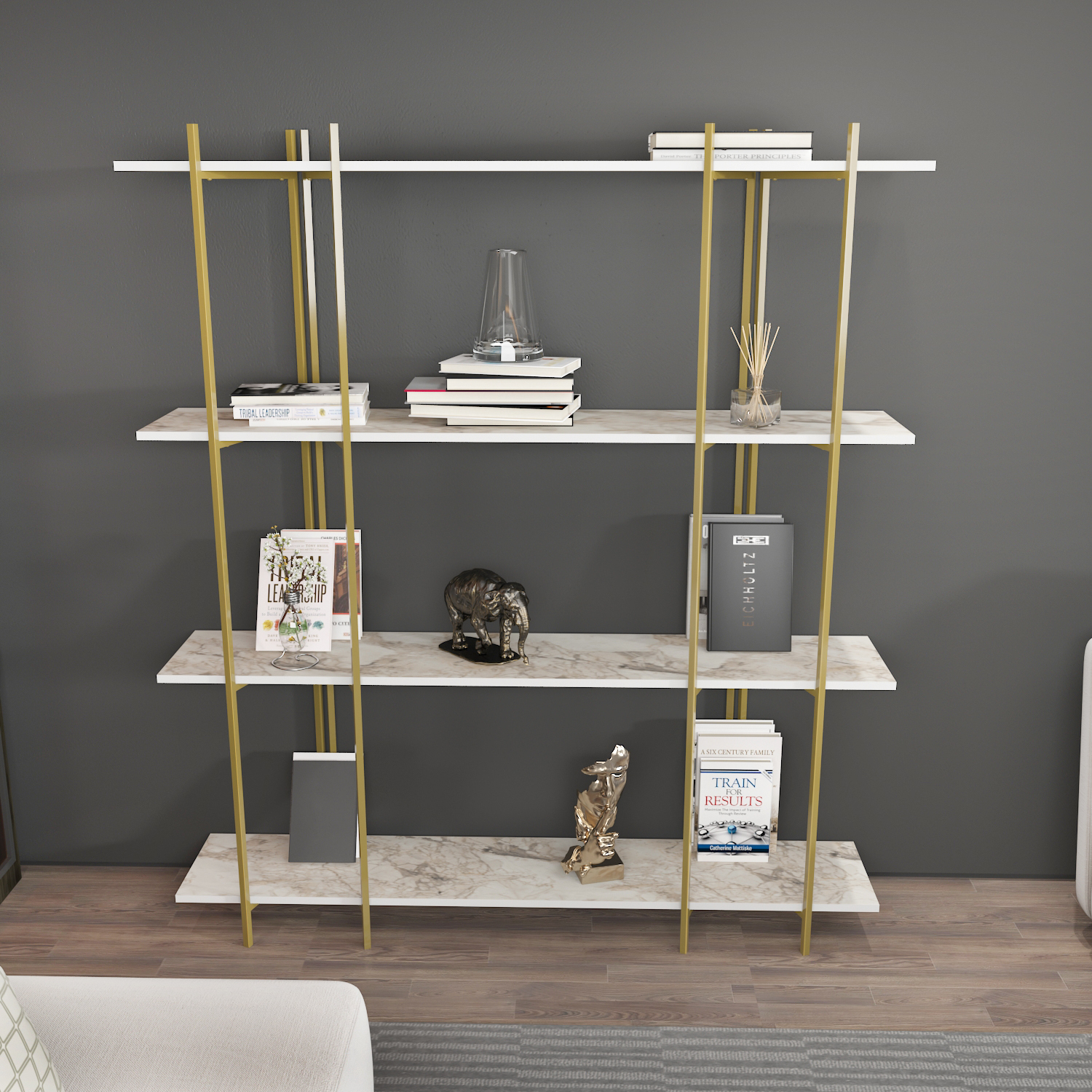 Moss 4-Tier Industrial Bookshelf - White Marble Effect and Gold