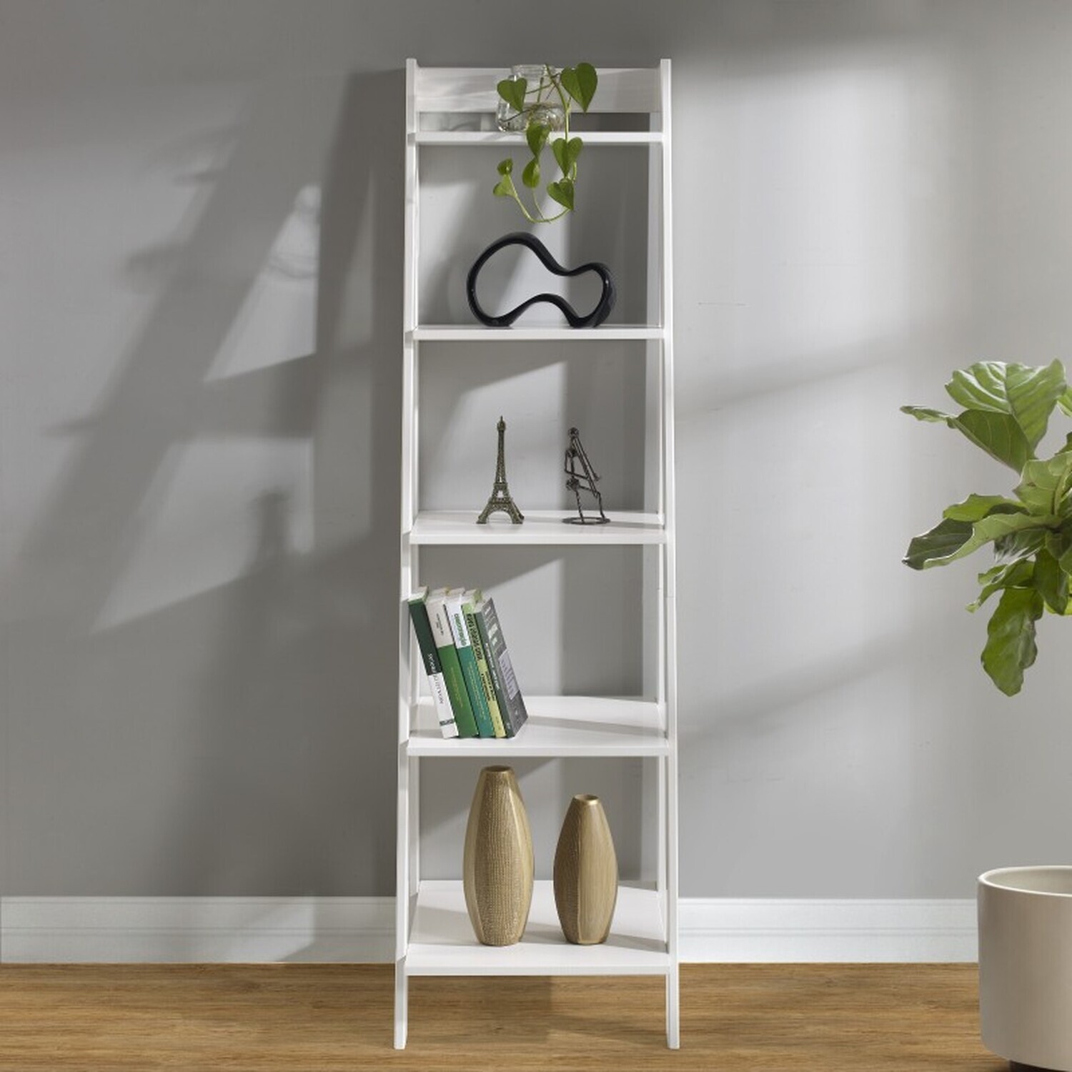 Corona Ladder Bookcase Solid Wooden Pine Wood Leaning Open Display - White