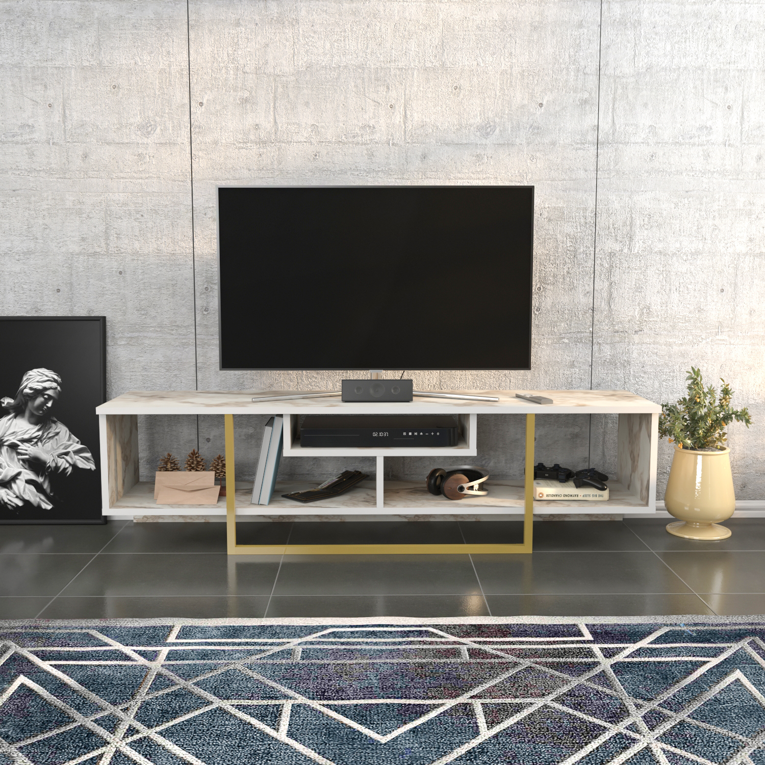 B&Q - Astona Tv Stand Tv Unit For Tvs Up To 65 Inch White Marble Effect And Gold - Image 3