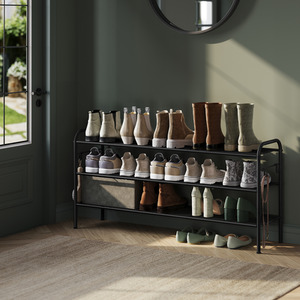 SONGMICS 3-Tier Adjustable Shoe Rack with Hooks, Metal Shoe Organiser