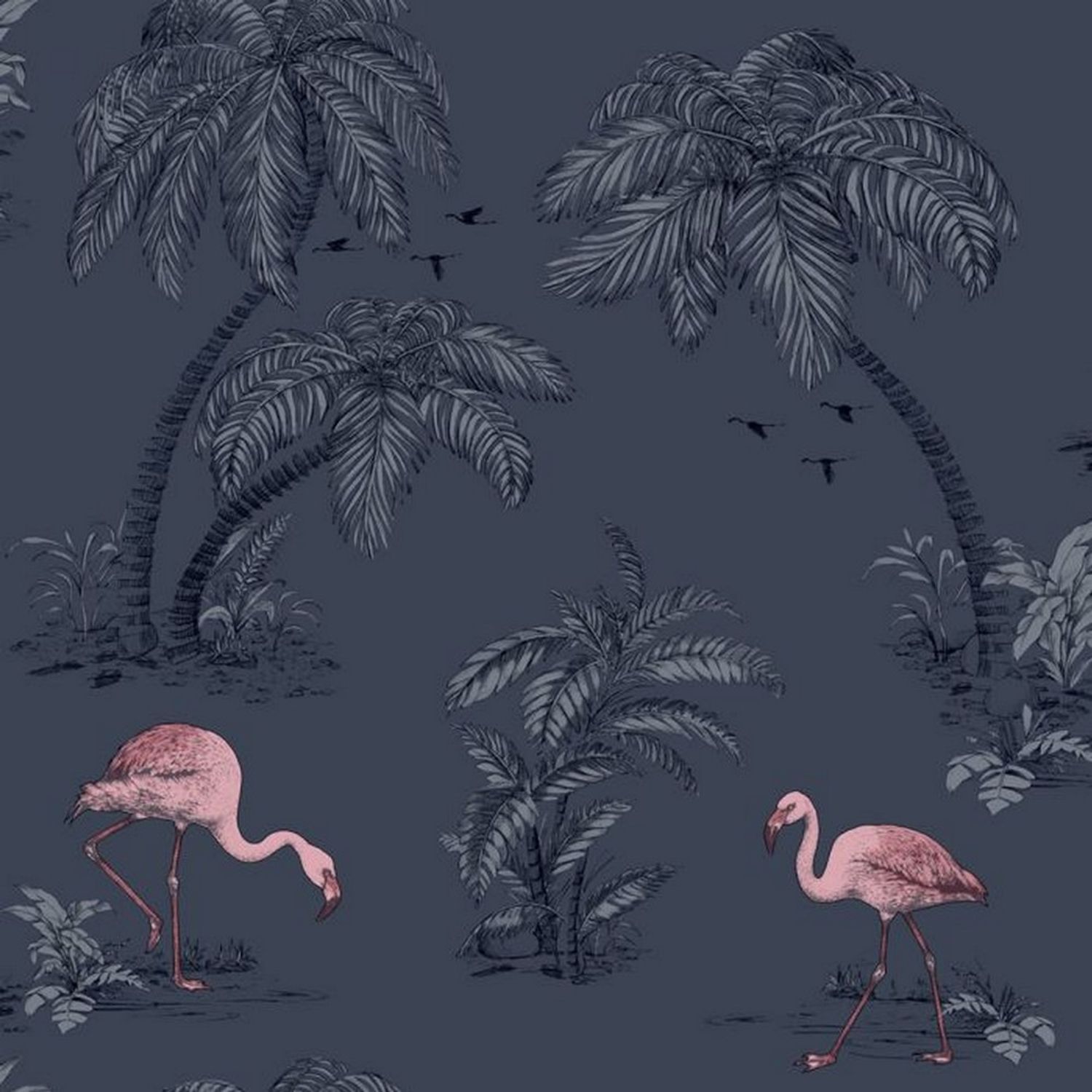 Holden Décor Lake Flamingo Wallpaper - Dark Blue/Pink