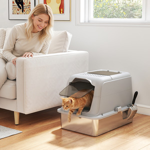 PawHut Stainless Steel Litter Box with Lid Metal Scoop Deodorizer BagD31-139V00L
