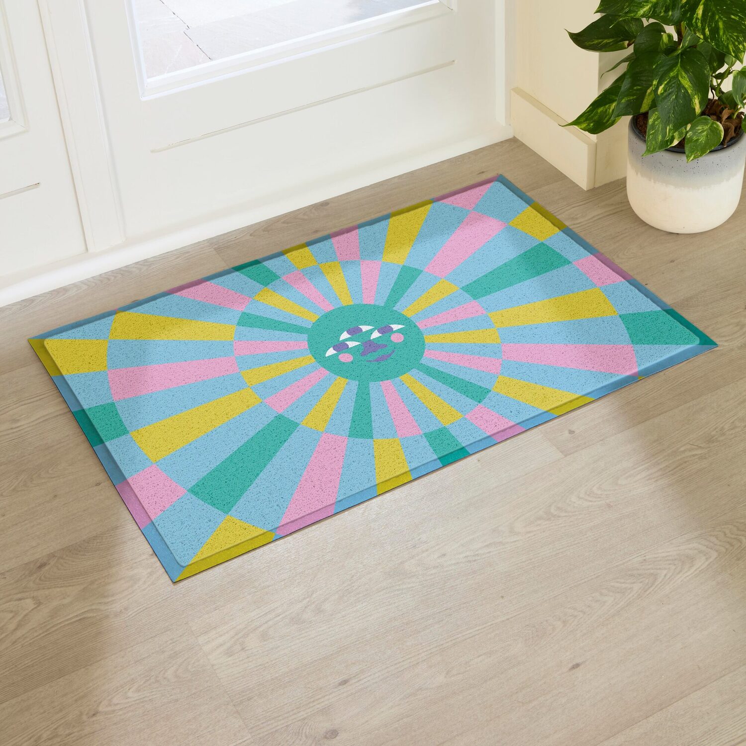 Artsy Mats Elizabeth Olwen Blue Sun Face Indoor/Outdoor Doormat (90X60cm) - Multi / 90 X 60Cm