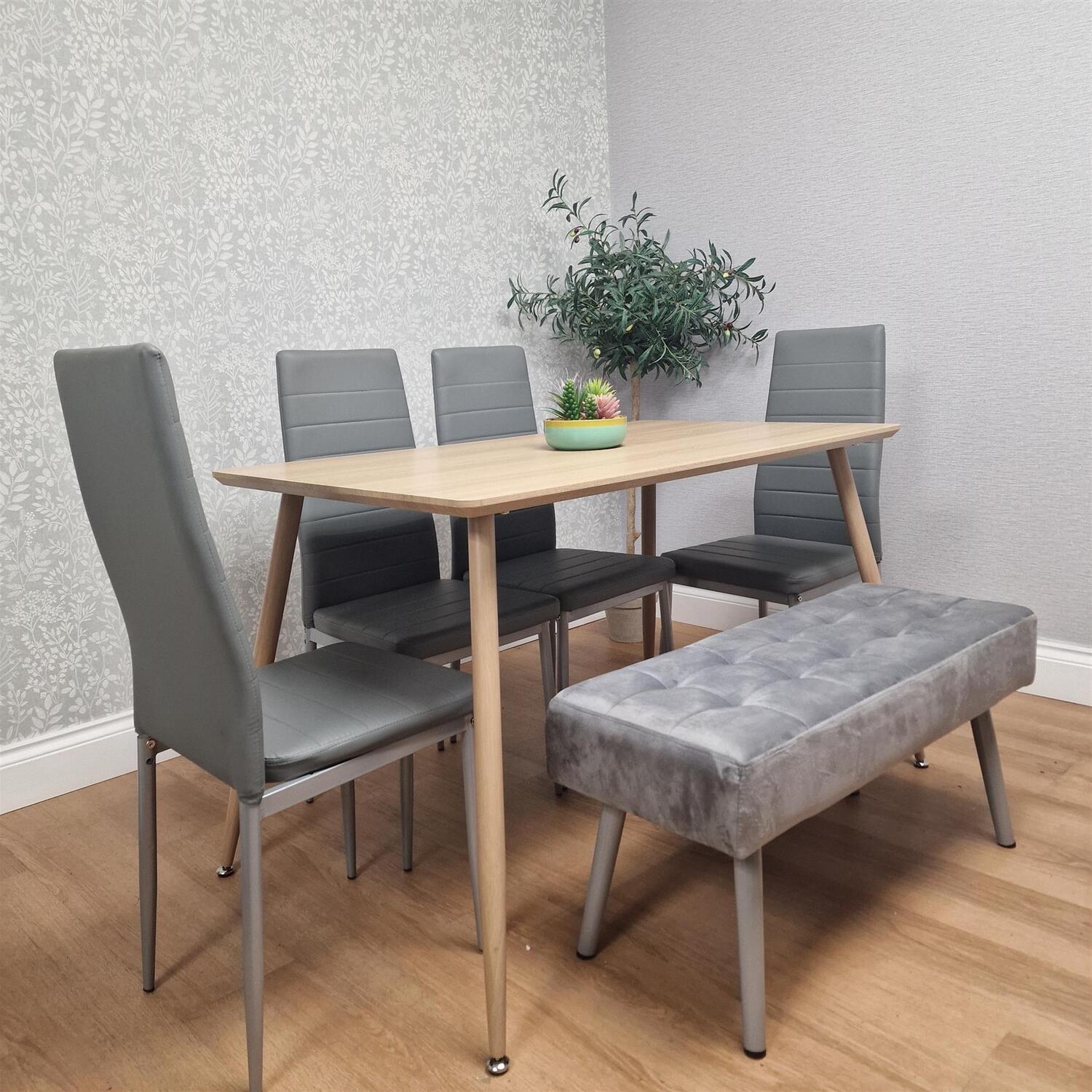 Kosy Koala Dining Table Set With 4 Grey Chairs And 1 Grey Velvet Bench Dining Room Furniture - Brown