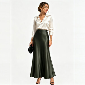 Black / UK8 Women High Waist Satin Maxi Skirt Elegant Flowy Long Skirt shot 17063679