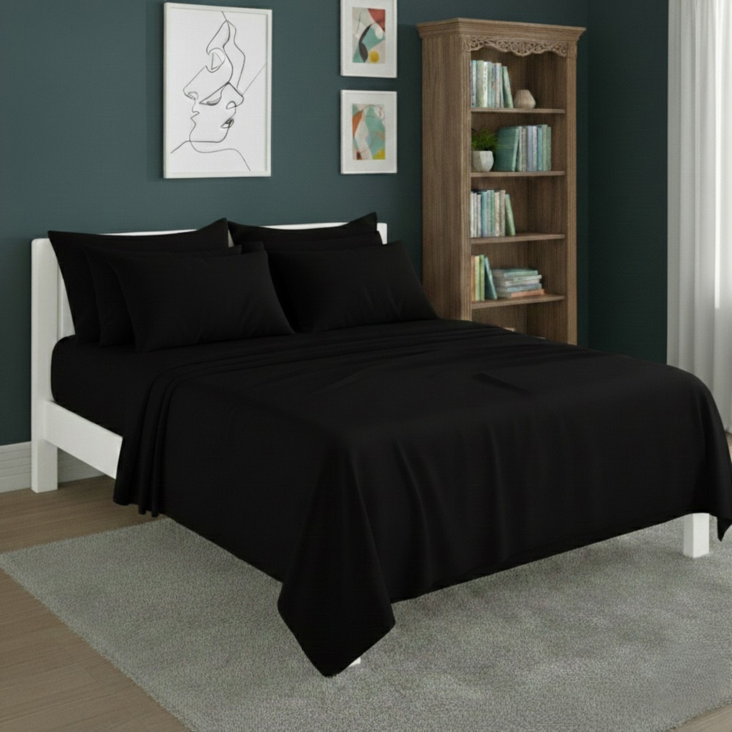 Snug City Plain Poly Cotton Easy Care Fitted Flat Sheet Matching Pillowcases Set in Black | Size: King