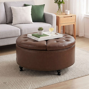 Round PU Leather Lift-Top Storage Ottoman with Reversible Lid